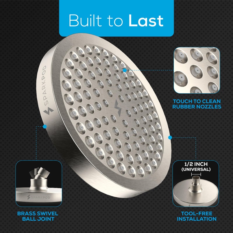 SparkPod Shower Head - High Pressure Rain - Premium Quality Luxury Design - 1-Min Install - Easy Clean Adjustable Replacement for Your Bathroom Shower Heads (Elegant Brushed Nickel, 6 Inch Round) - Image 5